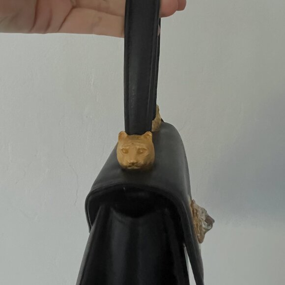 Vintage Black Leather Shoulder Bag with Gold Cat Accent Detail - Picture 4 of 11